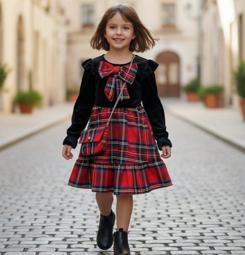 Girls Full Sleeve Velvet Bow Tartan Dress with Purse (4-14Y)
