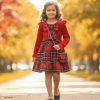 326 red Girls Full Sleeve Velvet Bow Tartan Dress with Purse (4-14Y)