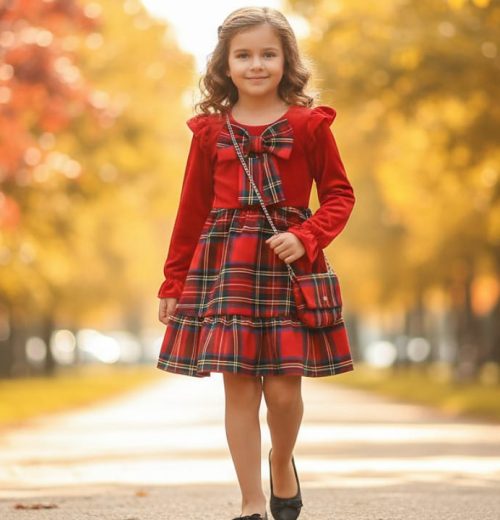 Girls Full Sleeve Velvet Bow Tartan Dress with Purse (4-14Y)