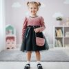 334 pink black Girls Full Sleeve Velvet Net Belt Dress with Purse (4-14Y)