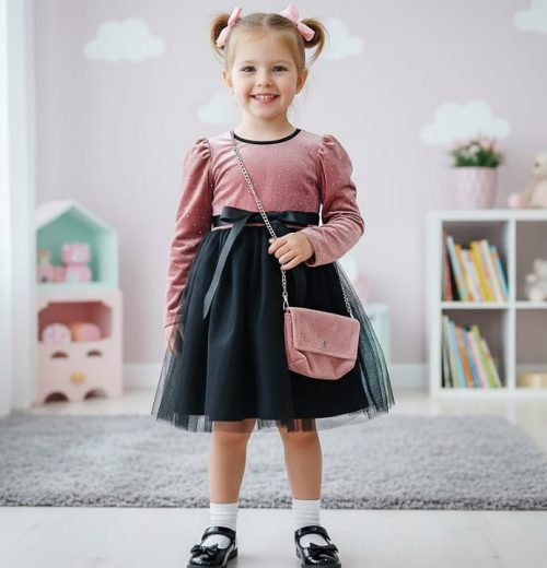 Girls Full Sleeve Velvet Net Belt Dress with Purse (4-14Y)