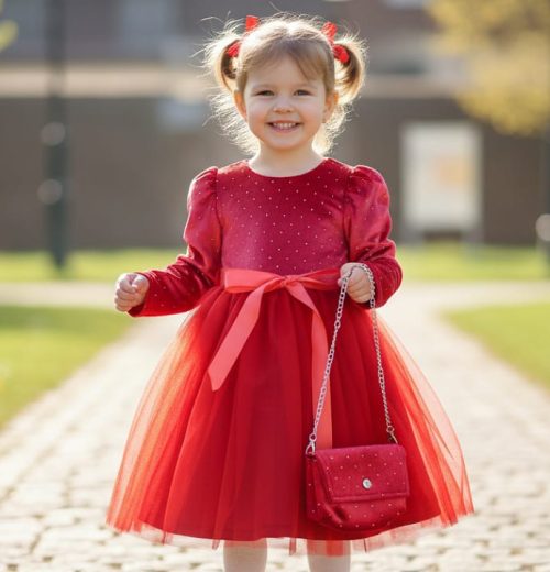Girls Full Sleeve Velvet Net Belt Dress with Purse (4-14Y)
