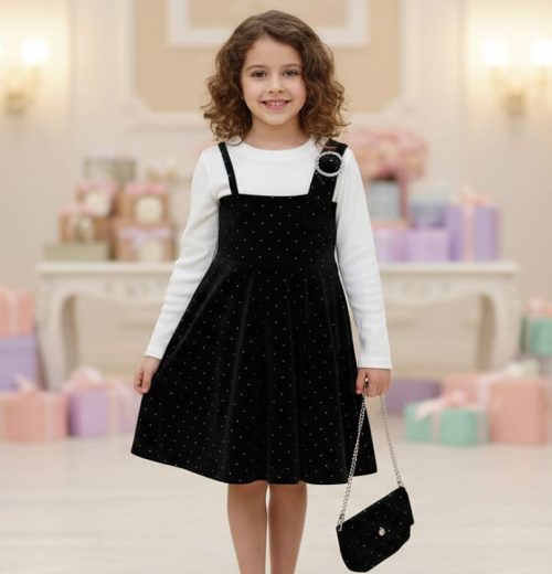 Girls Full Sleeve Twin Look Diamante Velvet Dress with Purse (4-14Y)