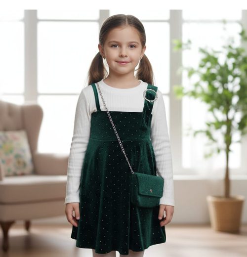 Girls Full Sleeve Twin Look Diamante Velvet Dress with Purse (4-14Y)