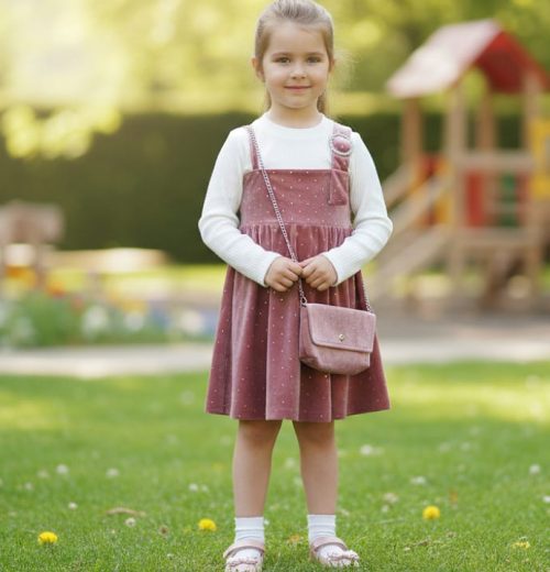 Girls Full Sleeve Twin Look Diamante Velvet Dress with Purse (4-14Y)