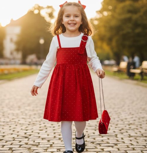 Girls Full Sleeve Twin Look Diamante Velvet Dress with Purse (4-14Y)