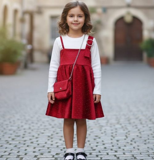 Girls Full Sleeve Twin Look Diamante Velvet Dress with Purse (4-14Y)