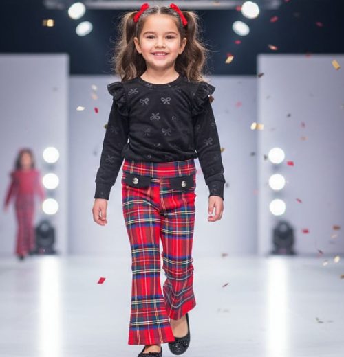 Girls Two Piece Velvet Bow Embossed Top & Tartan Trousers Set (4-14Y)