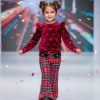 516 burgandy Girls Two Piece Velvet Bow Embossed Top & Tartan Trousers Set (4-14Y)