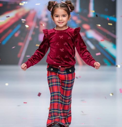 Girls Two Piece Velvet Bow Embossed Top & Tartan Trousers Set (4-14Y)