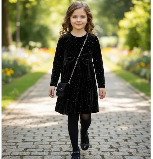 Girls Pleated Full Diamante Velvet Bow Dress with Purse (4-14Y)