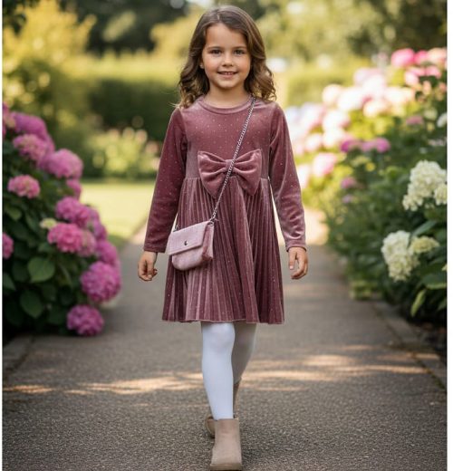 Girls Pleated Full Diamante Bow Dress with Purse (4-14Y)