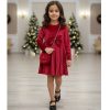 592 burgandy Girls Full Sleeve Diamante Velvet Bow Dress with Purse (4-14Y)