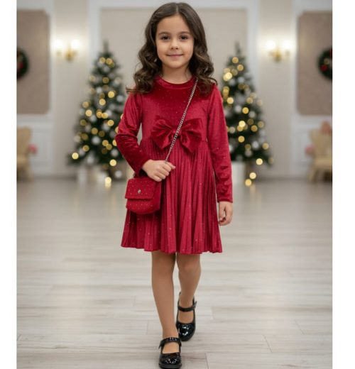 Girls Full Sleeve Diamante Velvet Bow Dress with Purse (4-14Y)