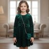 592 green Girls Full Sleeve Diamante Velvet Bow Dress with Purse (4-14Y)