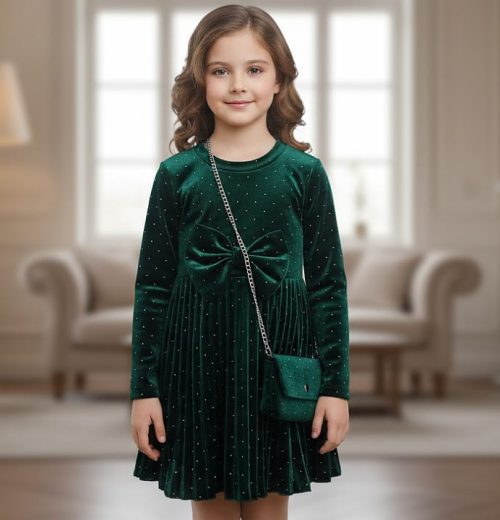 Girls Full Sleeve Diamante Velvet Bow Dress with Purse (4-14Y)