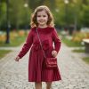 592 red Girls Full Sleeve Diamante Velvet Bow Dress with Purse (4-14Y)