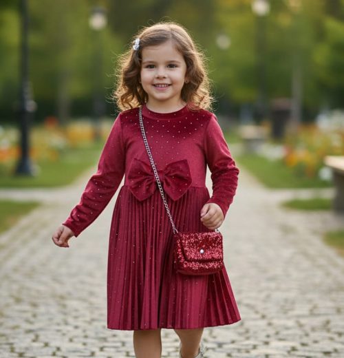 Girls Full Sleeve Diamante Velvet Bow Dress with Purse (4-14Y)