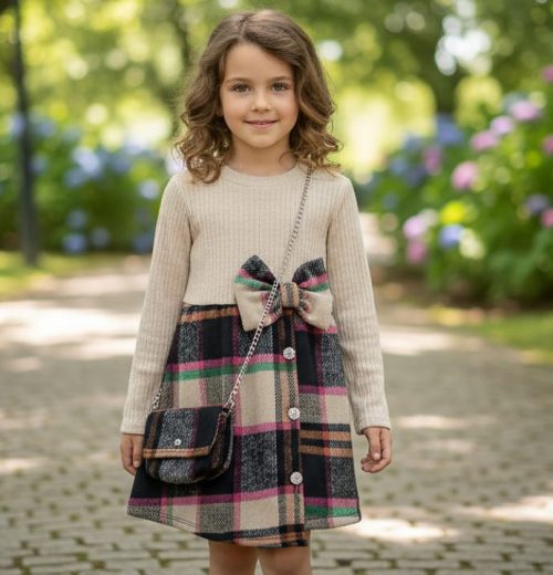 Girls Full Sleeve Check Woolly Dress with Purse (4-14Y)