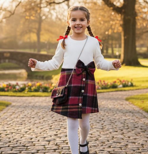 Girls Full Sleeve Check Woolly Dress with Purse (4-14Y)
