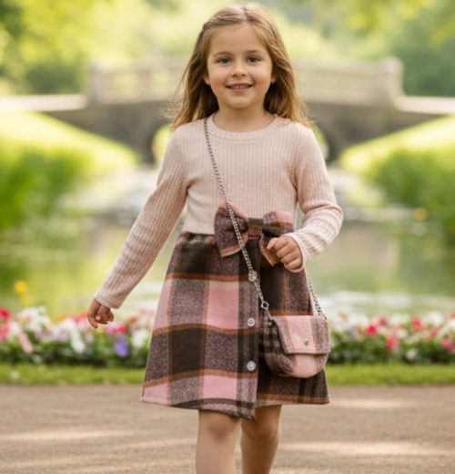 Girls Full Sleeve Check Woolly Dress with Purse (4-14Y)