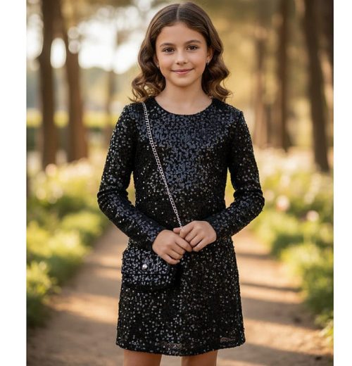 Girls Full Sleeve Velvet All Over Sequin Dress with Purse (4-14Y)