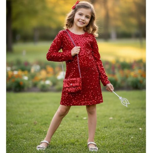 Girls Full Sleeve Velvet All Over Sequin Dress with Purse (4-14Y)
