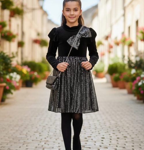 Girls Velvet Bow Sequin Dress with Purse (4-14Y)