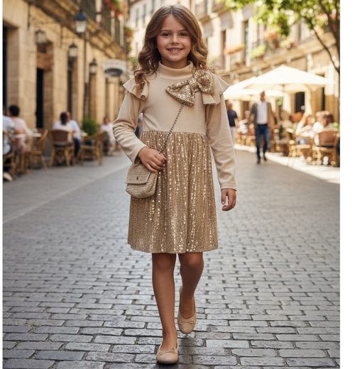 Girls Velvet Bow Sequin Dress with Purse (4-14Y)