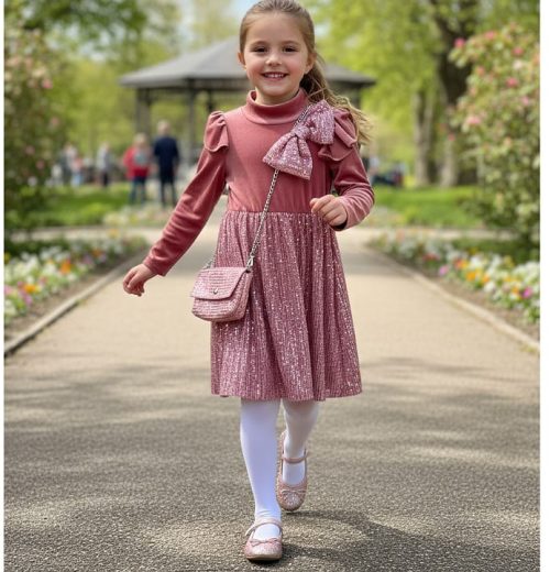 Girls Velvet Bow Sequin Dress with Purse (4-14Y)