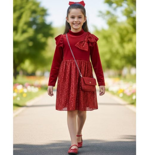 Girls Velvet Bow Sequin Dress with Purse (4-14Y)