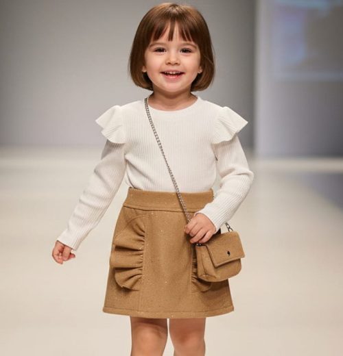 Girls Full Sleeve Frilly Shoulder Woolly Glitter Spray Dress with Purse (4-14Y)