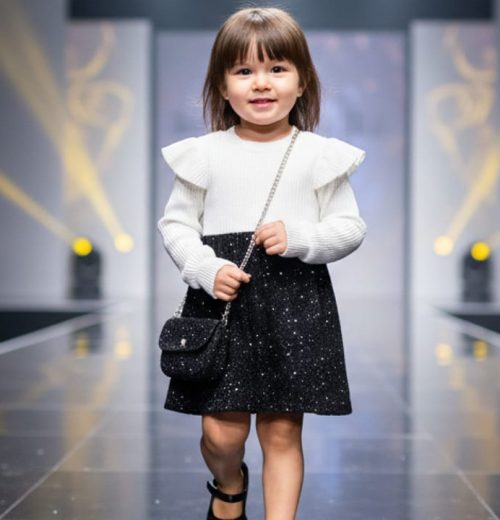 Girls Full Sleeve Frilly Shoulder Woolly Glitter Spray Dress with Purse (4-14Y)