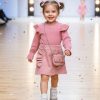 903 pink Girls Full Sleeve Frilly Shoulder Woolly Glitter Spray Dress with Purse (4-14Y)