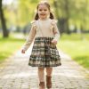 921 beige Girls Full Sleeve Velvet Tartan Dress with Purse (4-14Y)