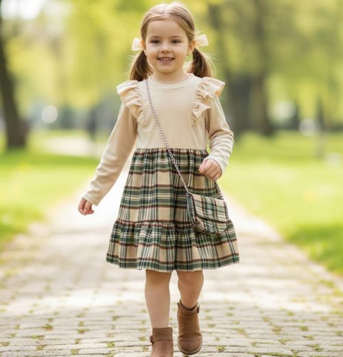 Girls Full Sleeve Velvet Tartan Dress with Purse (4-14Y)