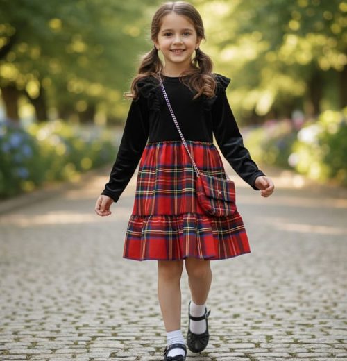 Girls Full Sleeve Velvet Tartan Dress with Purse (4-14Y)