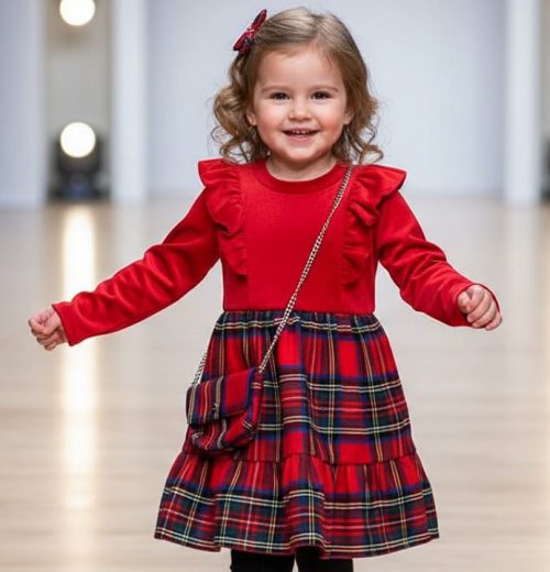 Girls Full Sleeve Velvet Tartan Dress with Purse (4-14Y)