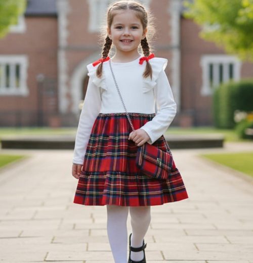 Girls Full Sleeve Velvet Tartan Dress with Purse (4-14Y)