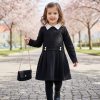 9977 black Girls Full Sleeve Pleated Metallic Button Dress with Purse (4-14Y)