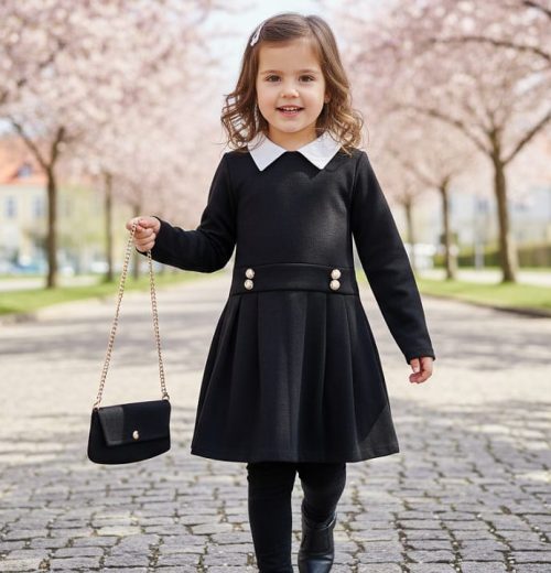 Girls Full Sleeve Pleated Metallic Button Dress with Purse (4-14Y)