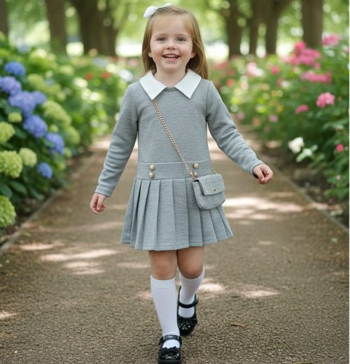 Girls Full Sleeve Pleated Metallic Button Dress with Purse (4-14Y)