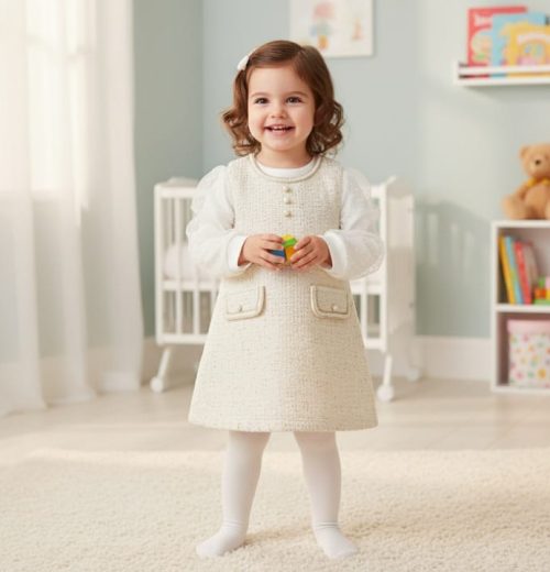 Baby Girls Two Piece Jacquard Glitter Embossed Polka Dot Sleeve Dress Set (1-3Y)