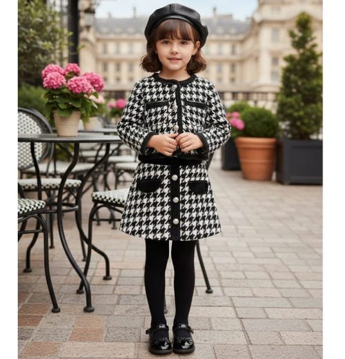 Girls Two Piece Dogtooth Embossed Jacket & Skirt Set with Hat (2-8Y)