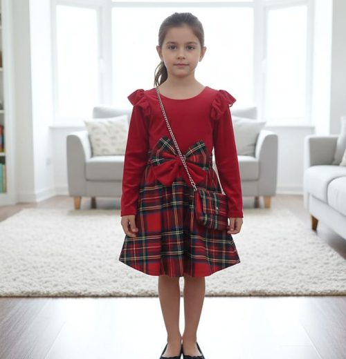 Girls Full Sleeve Velvet Tartan Bow Dress with Purse (4-14Y)