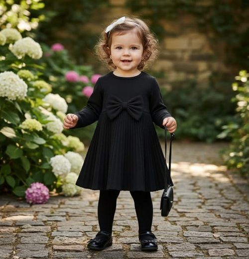 Girls Full Sleeve Pleated Woolly Bow Dress with Purse (4-14Y)