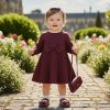 crinkle burgandy Girls Full Sleeve Pleated Woolly Bow Dress with Purse (4-14Y)