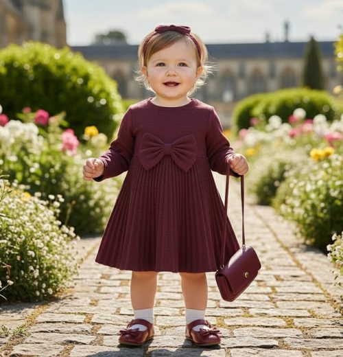 Girls Full Sleeve Pleated Woolly Bow Dress with Purse (4-14Y)