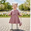 crinkle pink Girls Full Sleeve Pleated Woolly Bow Dress with Purse (4-14Y)