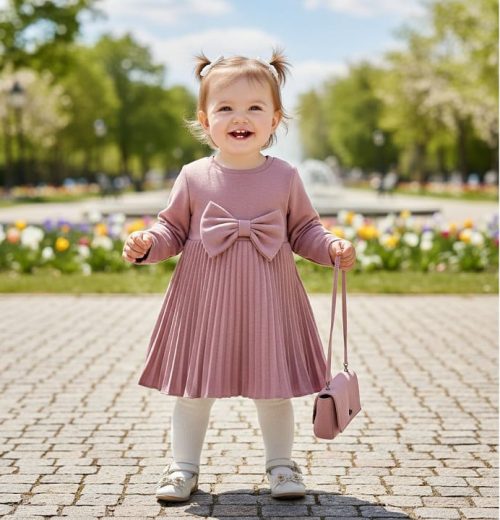 Girls Full Sleeve Pleated Woolly Bow Dress with Purse (4-14Y)